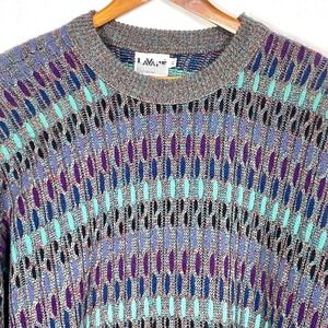 Vtg Lavané Sweater Mens XL Mercerized 3D Geometric Knit 90s Coogi Retro Crewneck